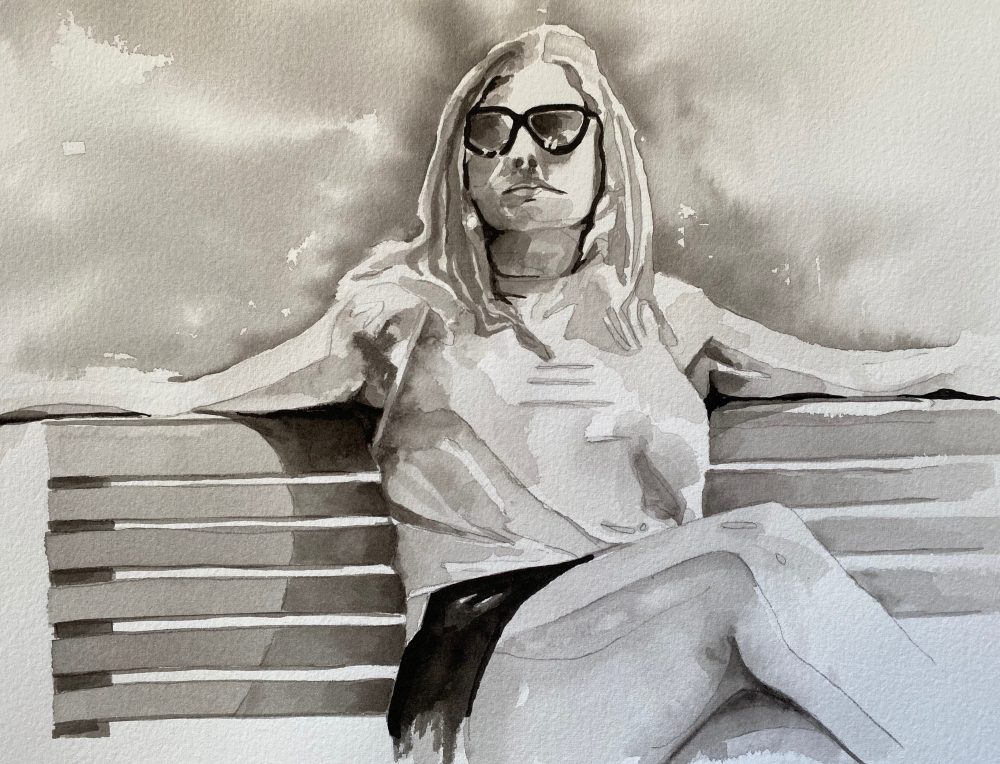Ink wash image of a woman wearing sunglasses with arms outstretched.