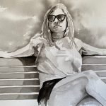 Ink wash image of a woman wearing sunglasses with arms outstretched.