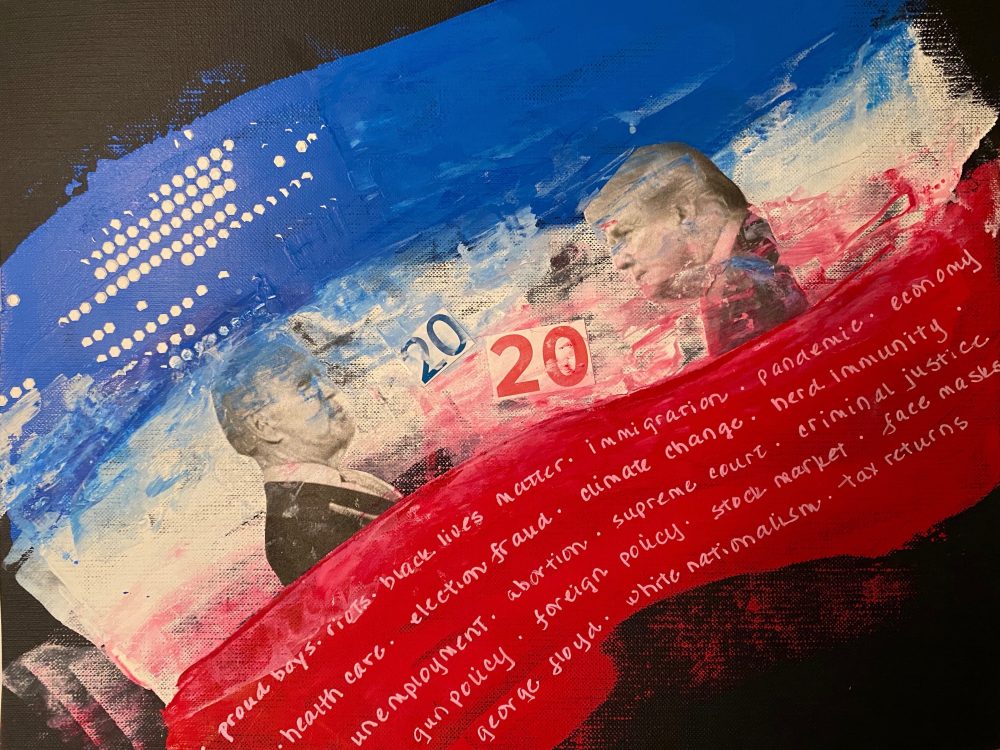 A symbolic representation to the 2020 presidential debates featuring profile views of Biden and Trump, a flag-like background, the date 2020 and significant words written below the candidates.