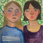 Two cartoonishly drawn women with serious expressions on their faces have a conversation with a neon green abstract backdrop.