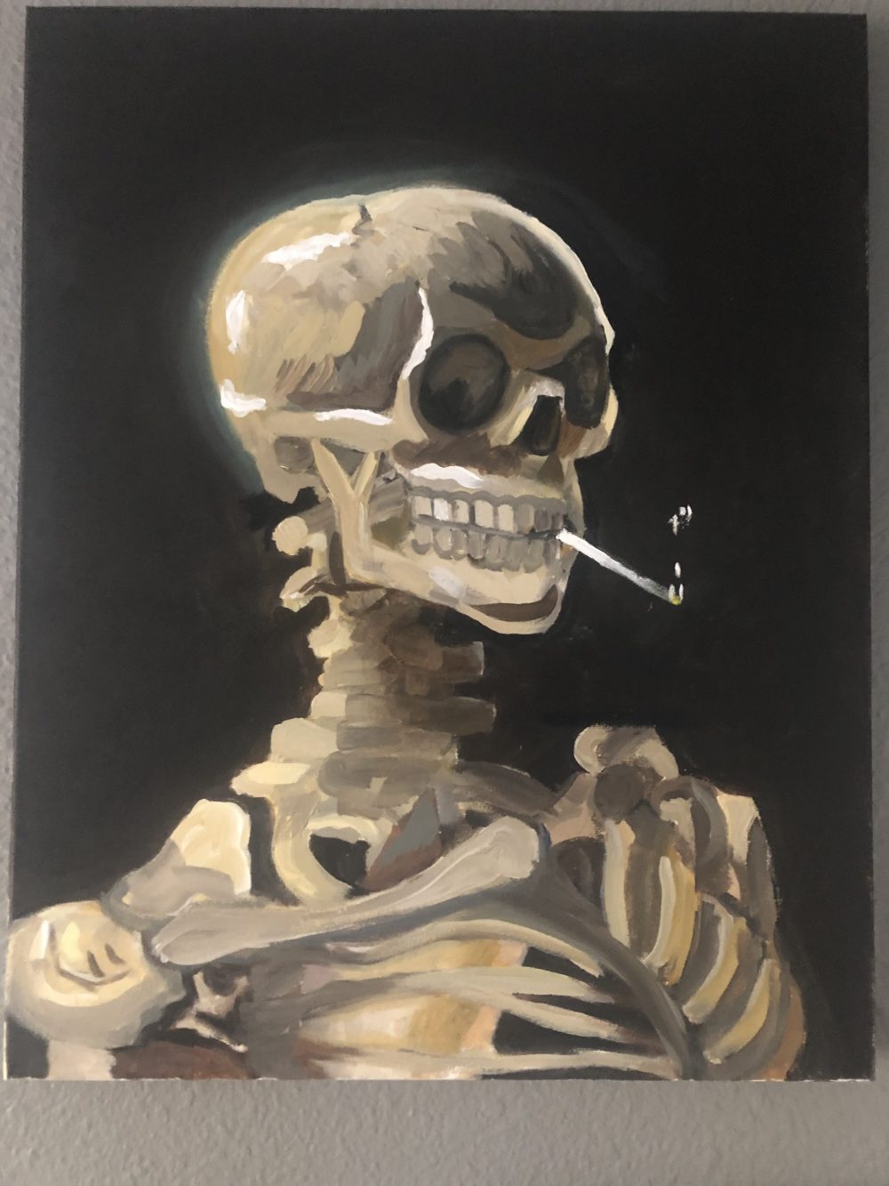 Interpretation of Van Gogh's skeleton with a burning cigarette.