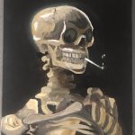 Interpretation of Van Gogh's skeleton with a burning cigarette.