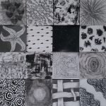 A grid of squares in gray scale that contain different textures, designs/doodles, patterns, and rubbings.