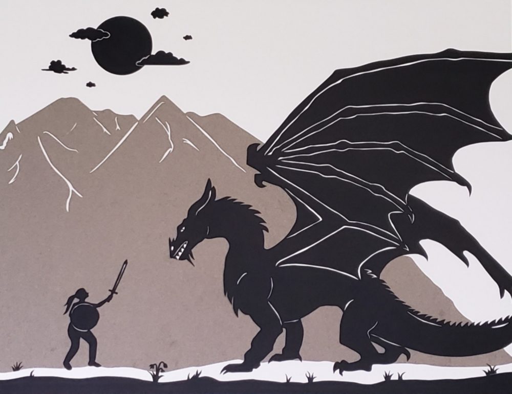 A black and white paper silhouette of a warrior girl about to battle a dark dragon, with a heather grey mountain in the background.