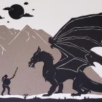 A black and white paper silhouette of a warrior girl about to battle a dark dragon, with a heather grey mountain in the background.