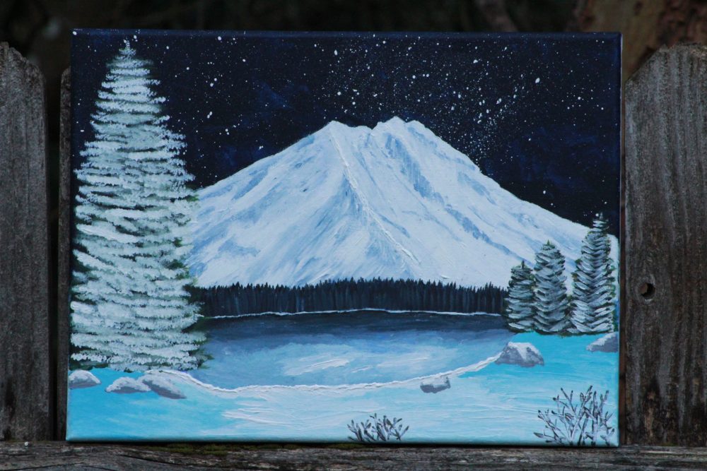 A painting of a mountain and snowy landscape at night.