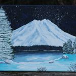 A painting of a mountain and snowy landscape at night.
