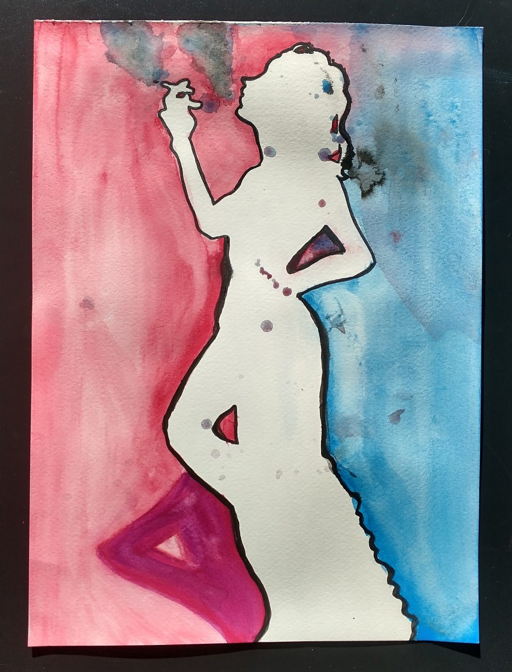 A white silhouette of a woman is seen smoking a cigarette. The background is a combination of blue and red which combines in splattering and blooming across the piece.
