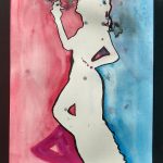 A white silhouette of a woman is seen smoking a cigarette. The background is a combination of blue and red which combines in splattering and blooming across the piece.