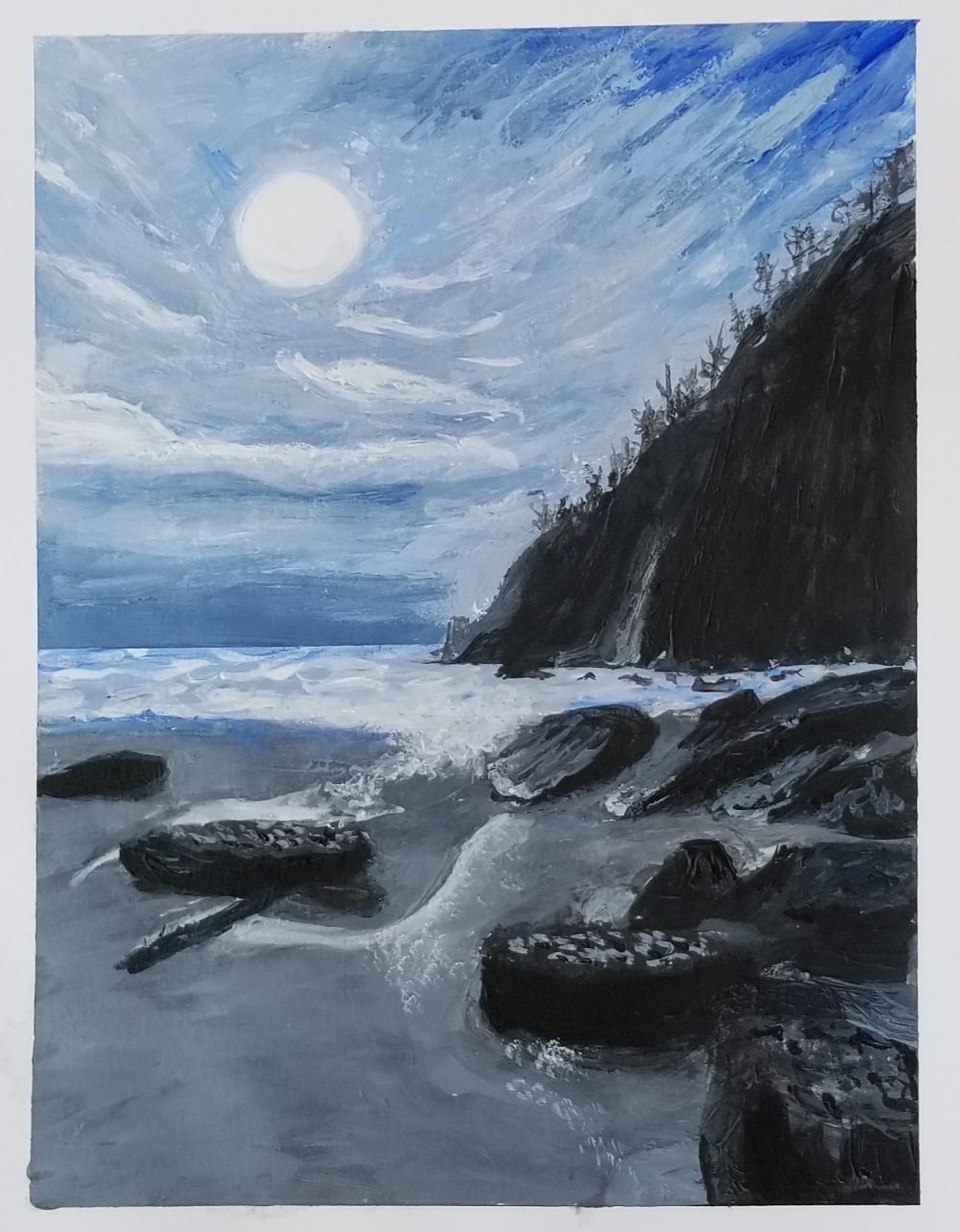 Monochromatic scene (blue) of an ocean beach scene showing rocks, water, a cliff in the background with a waterfall on the side, and a bright sun in a cloud filled sky.