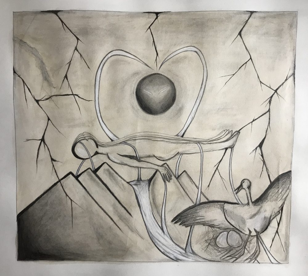 An orb and lightning balancing above a multi layered figure. Beneath the figure liquid pours out into distant mountains. In the lower right hand corner a father goose patiently awaits the arrival of two eggs.