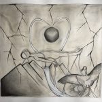 An orb and lightning balancing above a multi layered figure. Beneath the figure liquid pours out into distant mountains. In the lower right hand corner a father goose patiently awaits the arrival of two eggs.