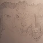 A drawing capturing the stages of werewolf transformation.