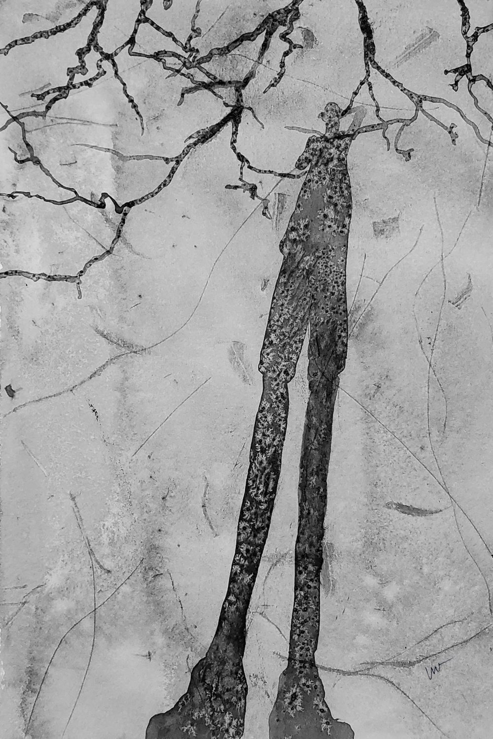 My shadow with my arms and head touching tree branches, causing an illusion that I am tall and thin.