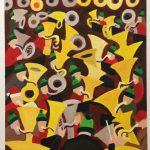 A painting of a conductor in the lower center of the painting topped by rows and rows of tuba players in Portland's Pioneer Courthouse Square.