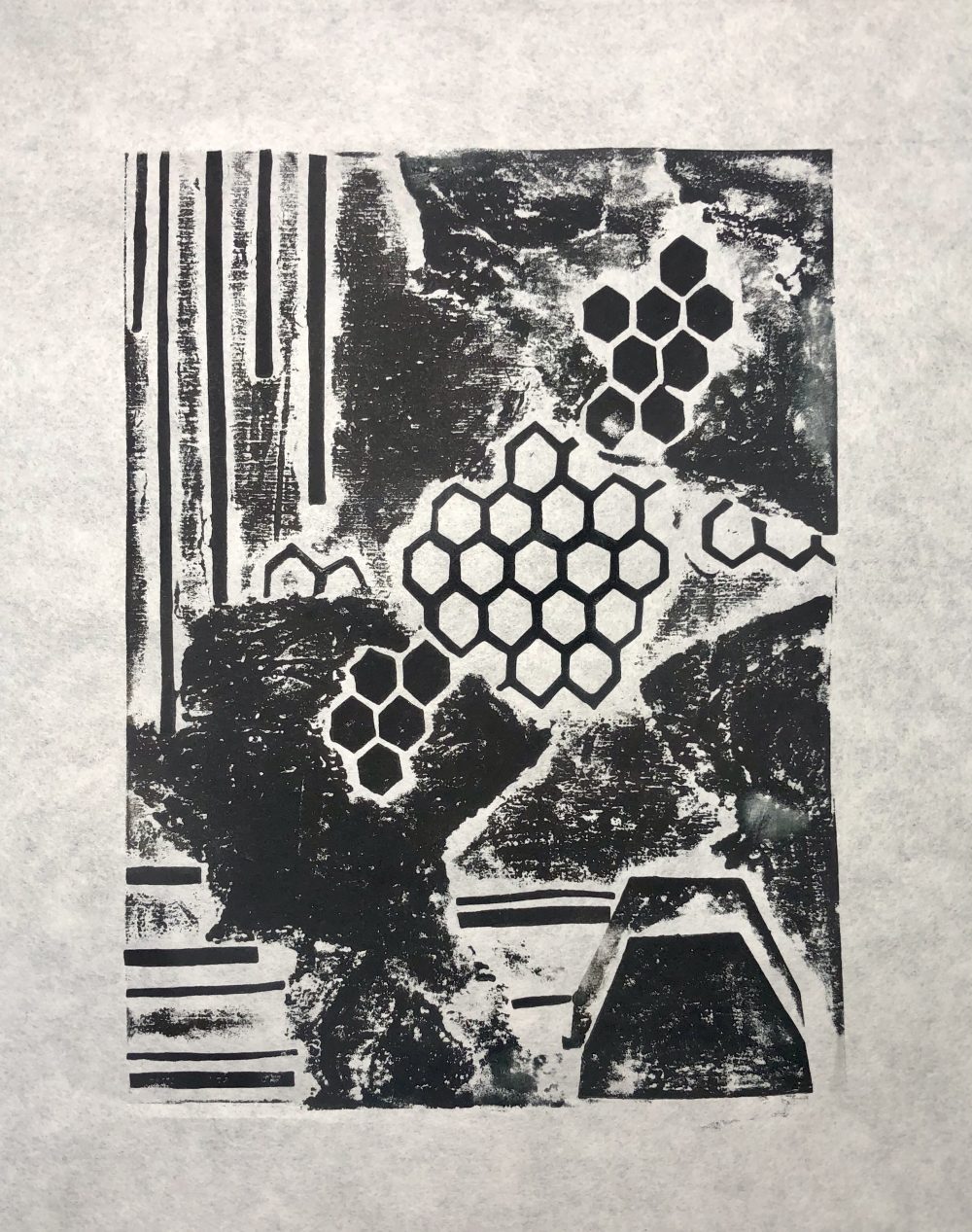 Print of honeycomb hive in organic underground cave.