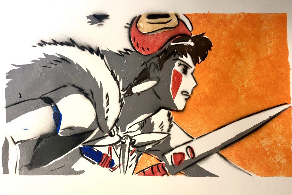 A stencil print of young girl riding into battle.