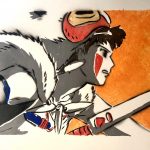 A stencil print of young girl riding into battle.