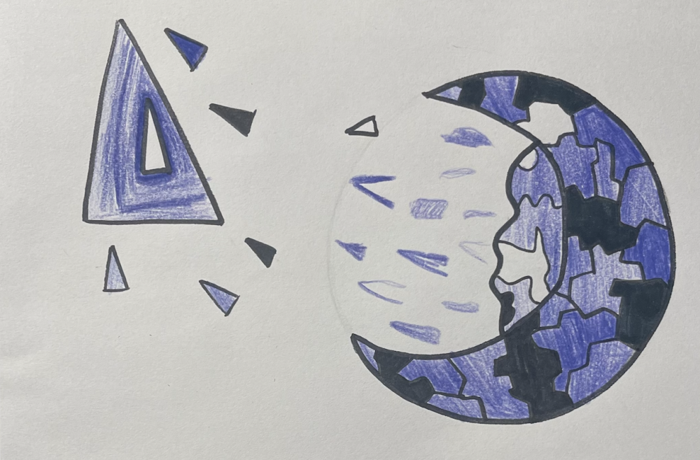 A drawing with purple, white and black half moon on the right side and a triangle on the upper left side as the foreground, a face in the background and triangles and lines going towards the triangle.