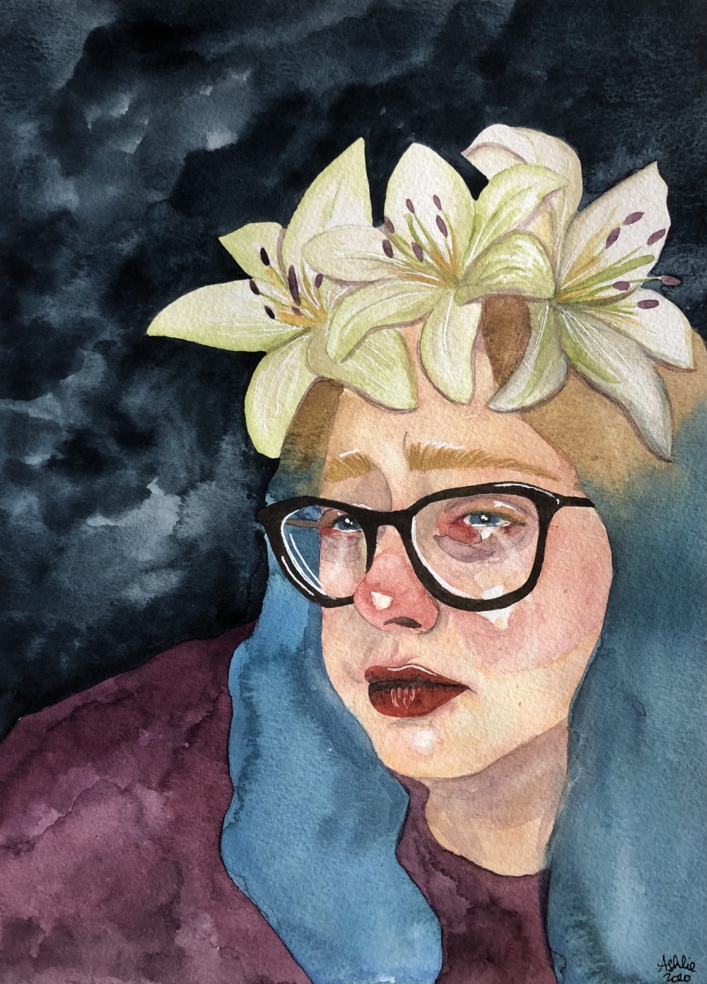 A watercolor self portrait painting of the artist: a white woman with blonde and blue hair, white lilies sit atop her head, she is crying, tears streaming down her face, she is wearing a maroon sweater and the background is dark grey.