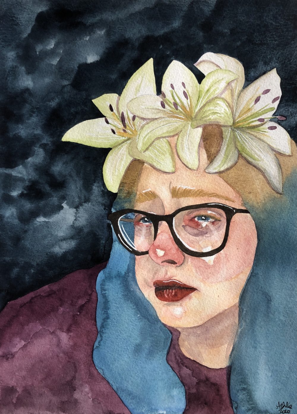 A watercolor self portrait painting of the artist: a white woman with blonde and blue hair, white lilies sit atop her head, she is crying, tears streaming down her face, she is wearing a maroon sweater and the background is dark grey.