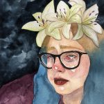 A watercolor self portrait painting of the artist: a white woman with blonde and blue hair, white lilies sit atop her head, she is crying, tears streaming down her face, she is wearing a maroon sweater and the background is dark grey.