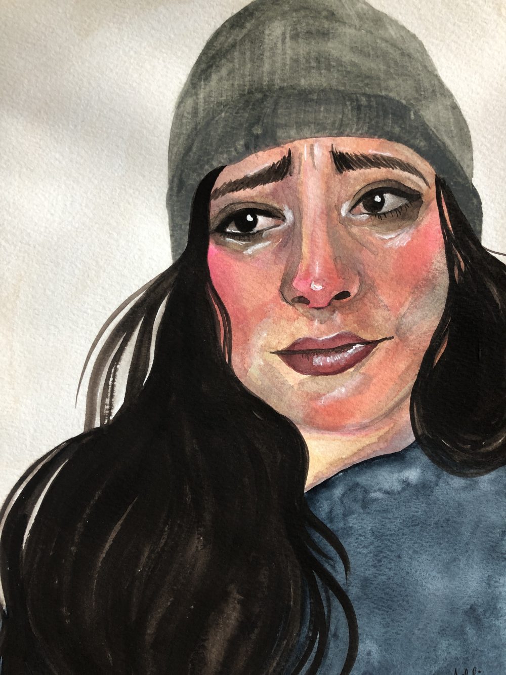 A watercolor painting of a latinx woman from the shoulders up, she has long brown hair, wearing a blue beanie and sweater, she is crying.