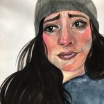 A watercolor painting of a latinx woman from the shoulders up, she has long brown hair, wearing a blue beanie and sweater, she is crying.