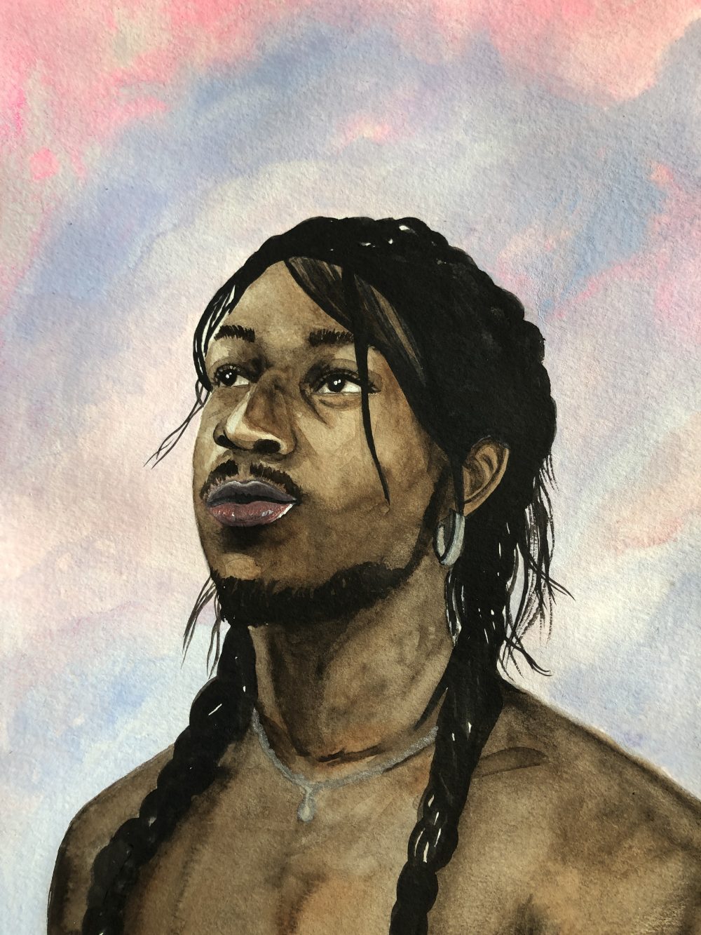 A watercolor painting of a young black woman, her hair in two braids, painted from the chest up with a pink and purple cloud-like background.