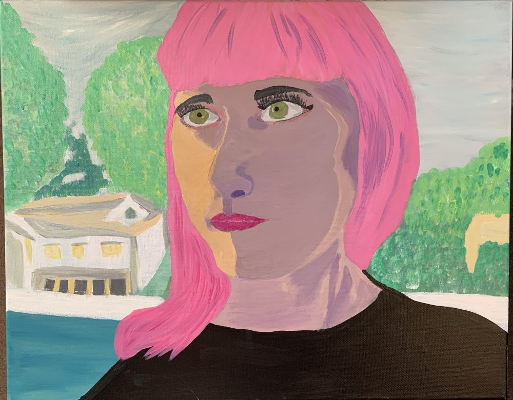 A painting of a woman sitting in a window.