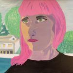 A painting of a woman sitting in a window.