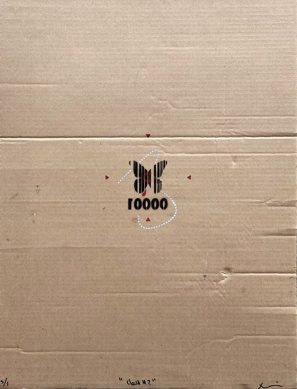 A spray painted print of the silhouette of a butterfly shaped as a barcode that is centered and engulfed by the negative space of the composition.