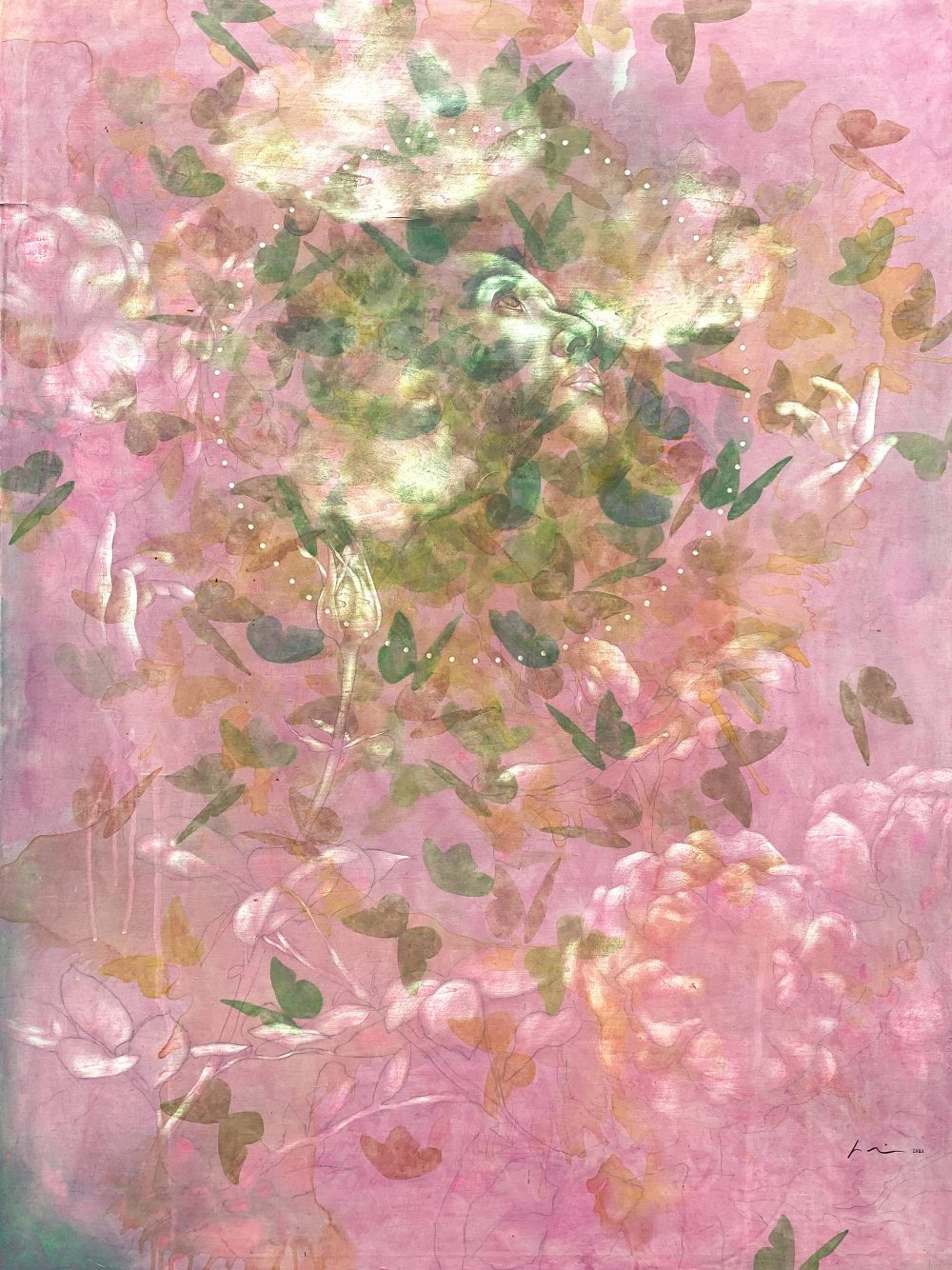 A painting in color of the partial profile face of a woman, partial hands, and partial translucent organic elements over basswood panel.