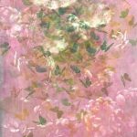 A painting in color of the partial profile face of a woman, partial hands, and partial translucent organic elements over basswood panel.