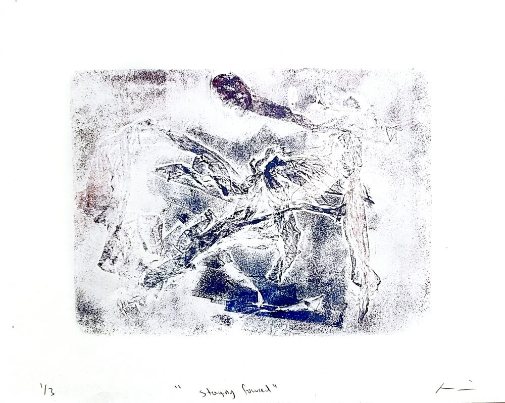 A hand burnishing relief print of a deconstructed human physique centralized in the composition with exaggerate anatomical features.