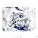 A hand burnishing relief print of a deconstructed human physique centralized in the composition with exaggerate anatomical features.