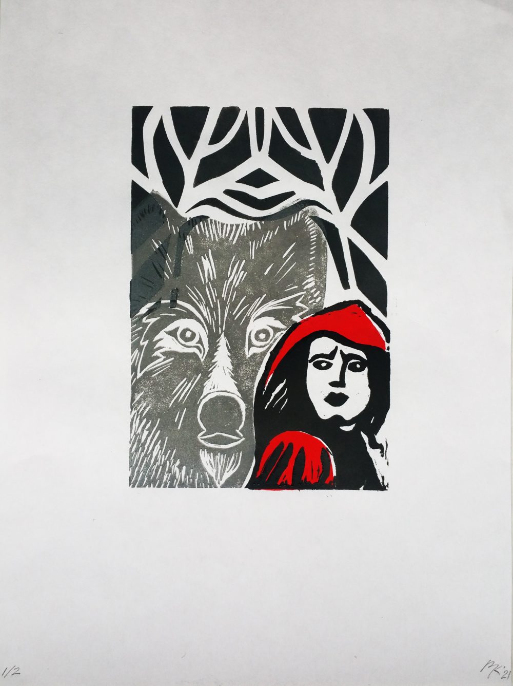 A print in black, gray, red, and white, with a woman wearing a red hood in the foreground, looking over her shoulder to see a large wolf behind her. In the background is a dark forest.