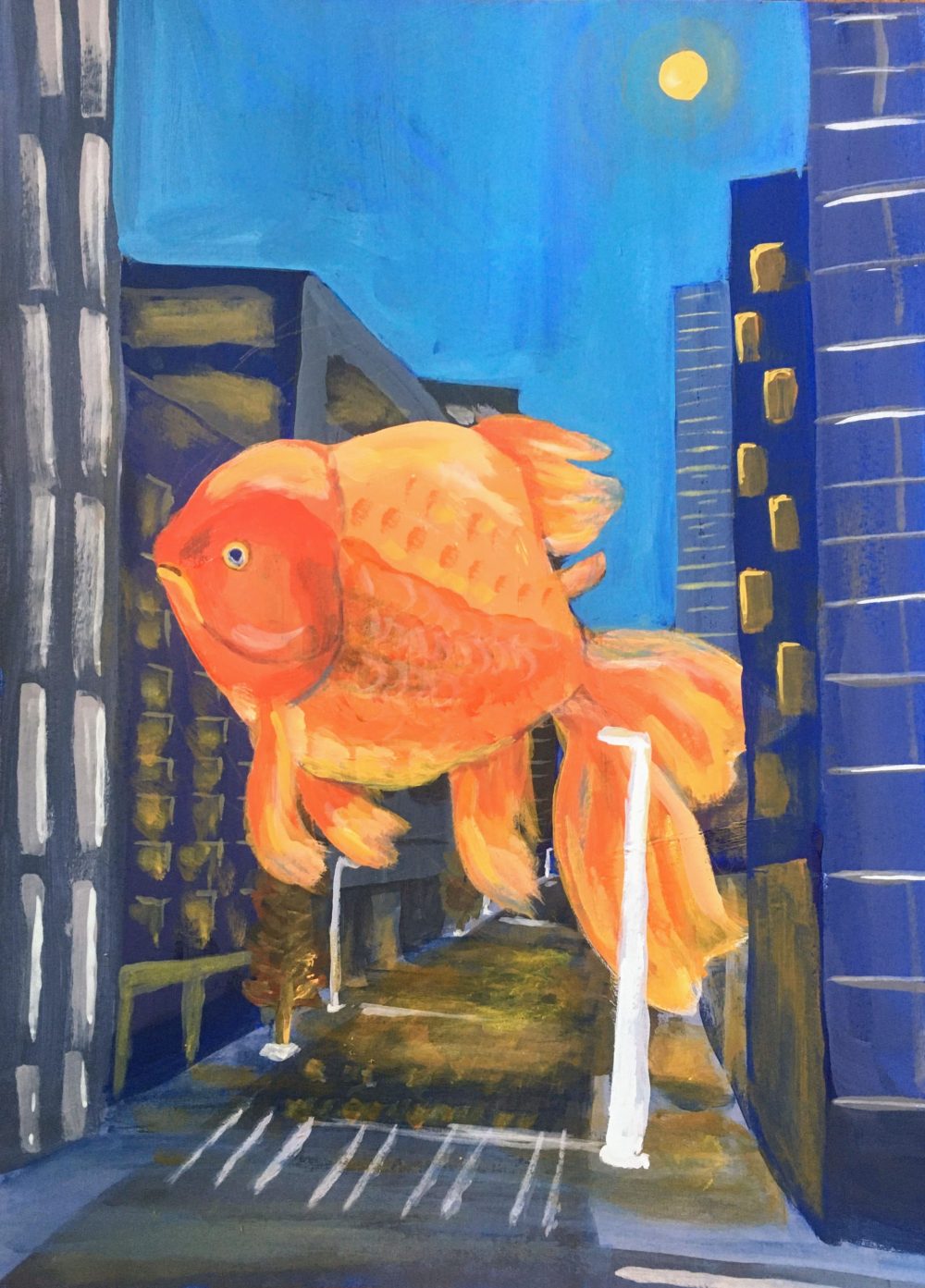 A larger-than-life goldfish floats through an empty, blue city.