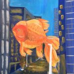 A larger-than-life goldfish floats through an empty, blue city.