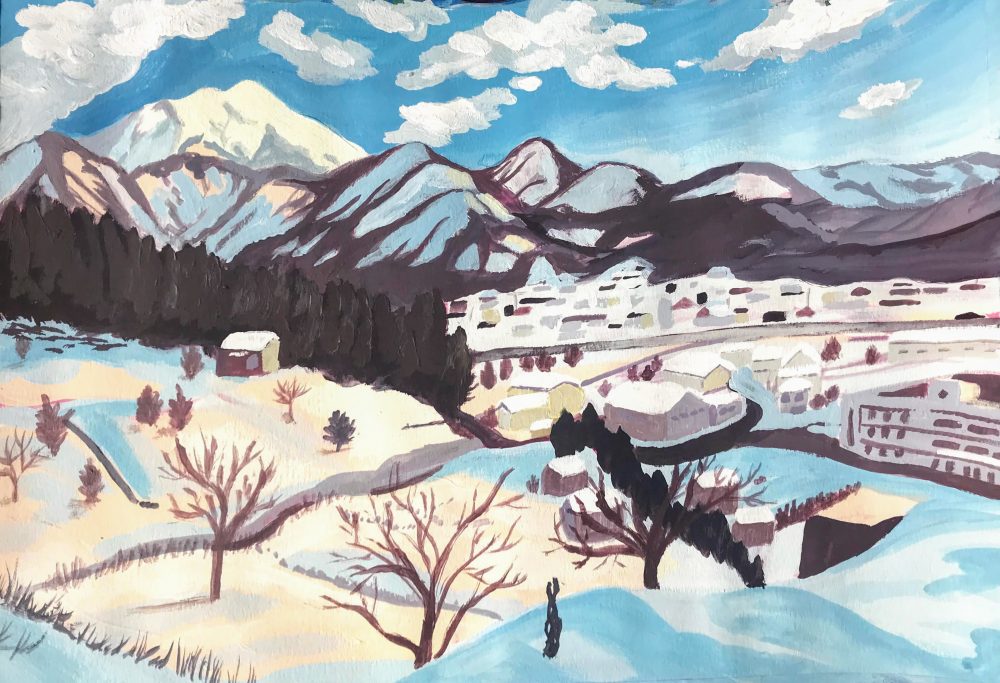 A painting of a snowy scene with buildings in the foreground and purple mountains in the background.