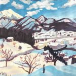A painting of a snowy scene with buildings in the foreground and purple mountains in the background.