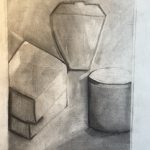 A drawing with between values of black and white of four objects including a cup, two boxes and a pot. The boxes and pot are in the foreground, while the cup is in the background.