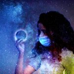 Young girl holding an orb in the midst of the galaxy.