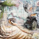 A mixed-media painting of a cold and apocalyptic world, a large robotic figure which is part of the landscape holds a Covid virus in its palm, diagram lines direct the eye around the piece.