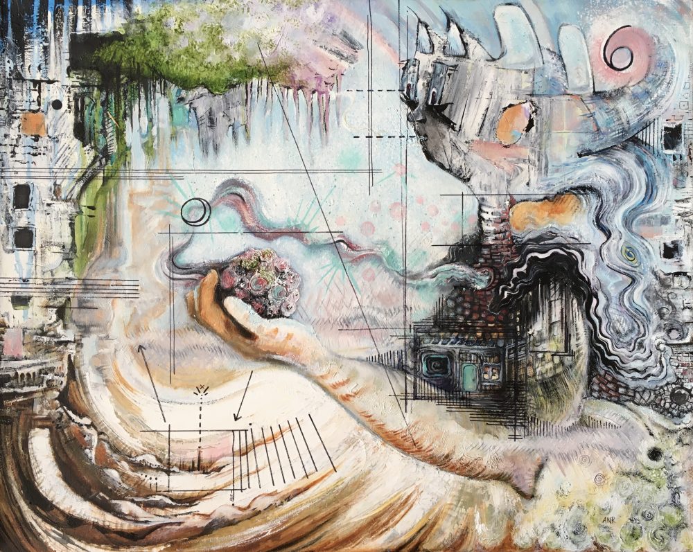 A mixed-media painting of a cold and apocalyptic world, a large robotic figure which is part of the landscape holds a Covid virus in its palm, diagram lines direct the eye around the piece.