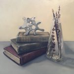 A still life oil painting of three antique books, a vertebra and a tall jar filled with some dried plants and a child's paintbrush.