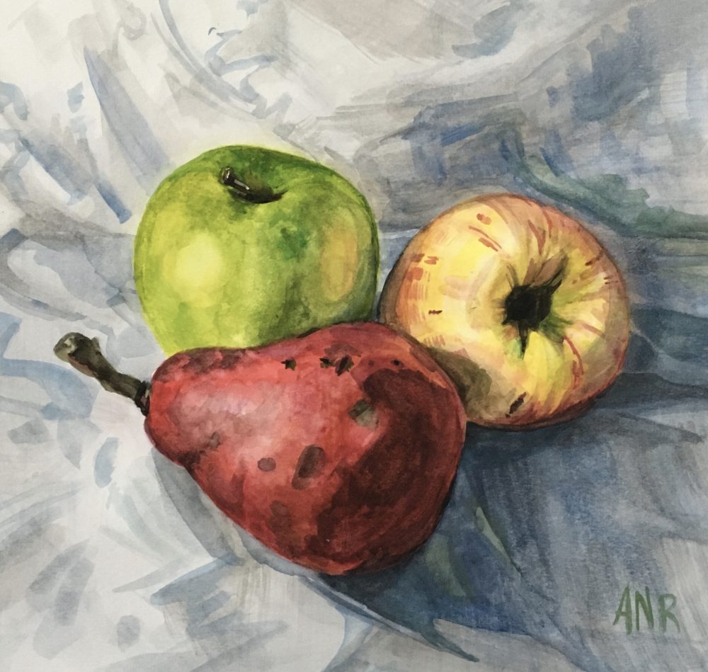 A still life watercolor painting of fruit, one shiny green apple, one bright yellow apple with shades of red, pink and orange markings and one ripened red pear, all resting upon a gray and shadowy, wrinkled cloth.