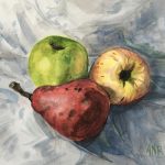 A still life watercolor painting of fruit, one shiny green apple, one bright yellow apple with shades of red, pink and orange markings and one ripened red pear, all resting upon a gray and shadowy, wrinkled cloth.