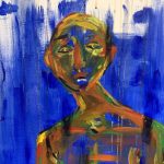 An androgynous semi translucent figure stands hunched over in front of a textured blue and white background with brown drips coming from the top of the painting