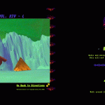 An interactive three-dimensional realm where a user can float around the environment and collide with objects, triggering different sounds; the landscape is very surreal made of plastic looking mountain scapes, floating abstract shapes, a floating pyramid and a giant rotating hand.